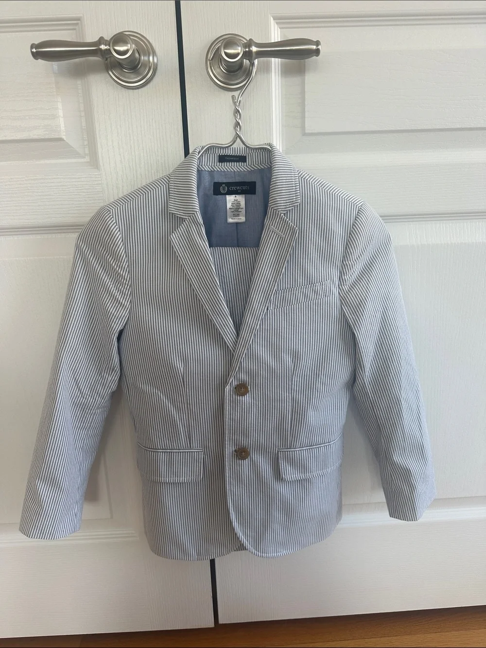 Boys Seersucker Dress 2 piece suit - Blue/White Stripe (crewcuts) size 8